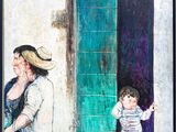 a painting of a man and a child standing outside of a building
