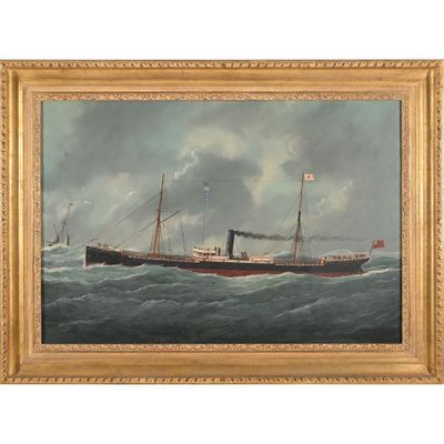 an oil painting of a ship in the ocean with a flag on it ' s mast