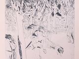 une image représentant un dessin en noir et blanc d'un homme dans les bois