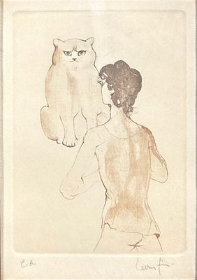 drawing of a woman holding a cat in front of a drawing of a cat