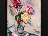 une peinture de fleurs dans un vase sur une table