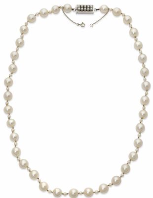 a white pearl necklace with a silver clasp on a white background