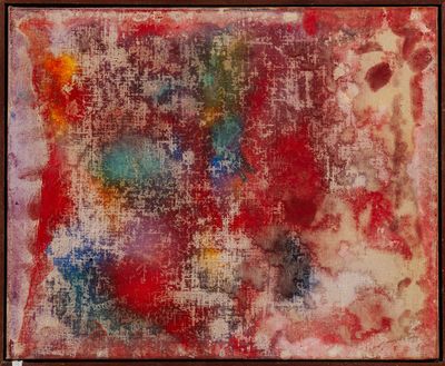une peinture abstraite aux couleurs rouge, jaune, bleue et verte