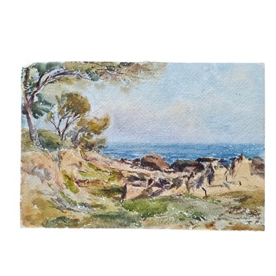 une aquarelle représentant un troupeau de bovins au bord de l'océan