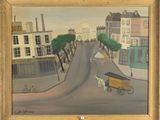un tableau représentant un cheval et une calèche dans une rue de la ville