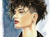 painting of a woman with short hair wearing a leather jacket