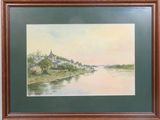a painting of a view of a river with a church in the distance