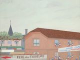 tableau représentant une scène de rue avec des passants et des voitures devant un immeuble