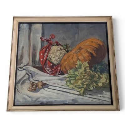tableau représentant une nature morte composée de légumes posés sur un rebord de fenêtre