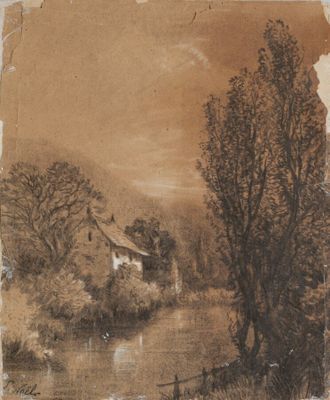 dessin représentant un paysage avec une maison et une rivière au premier plan