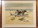 painting of a horse and rider on a beach with a seagull in the background