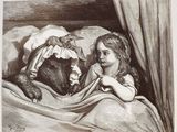 a drawing of a little girl and a bear in a bed