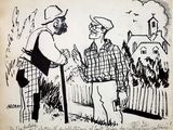 drawing of two men talking to each other in front of a fence