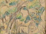 tableau représentant une maison et des arbres dans un champ, avec un oiseau volant au-dessus