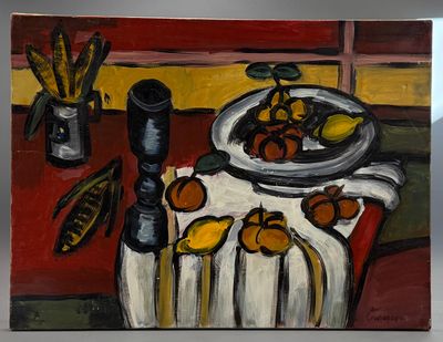 un tableau représentant un bol de fruits et un couteau posés sur une table