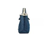 a close up of a blue bag on a white background