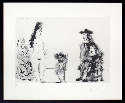 dessin représentant une femme et un enfant, avec un chien devant eux