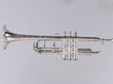 a silver trumpet with a silver bell on a white background