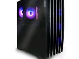 a black computer case with a blue light on it