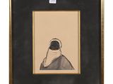 un tableau représentant une femme portant un foulard, dans un cadre noir