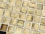 a close up of a tiled floor with a black and white tile