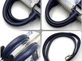 several pictures of a purse with a blue strap and a white purse with a black handle