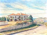 painting of a house on a hill with a road in front of it