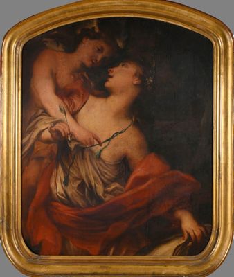 une peinture ancienne représentant une femme tenant un enfant sur ses genoux