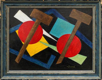 une image représentant une peinture d'une croix et d'une boule rouge