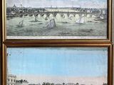 two paintings of a bridge over a river with boats on it