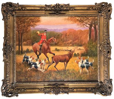 une peinture à l'huile représentant un homme à cheval au milieu d'un troupeau de cerfs