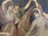 painting of three women dancing in front of a painting of a man