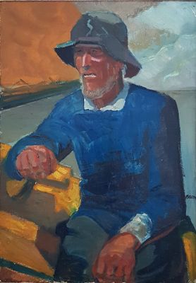 tableau représentant un homme assis dans un bateau, coiffé d'un chapeau