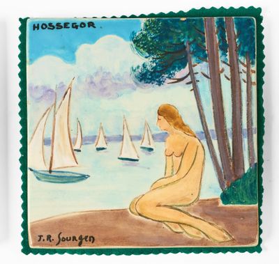 un tableau représentant une femme assise sur la plage