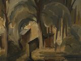 une image représentant un tableau où l'on voit une rivière qui traverse une forêt