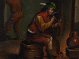an image of a painting of a man sitting on a barrel
