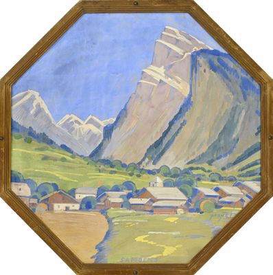 une image représentant un tableau d'une montagne avec un village en contrebas