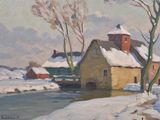 tableau représentant un paysage hivernal avec une maison et une rivière au premier plan