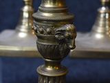 a close up of a brass vase with a lion head on it