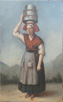 un vieux tableau représentant une femme portant un seau sur la tête
