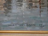 un tableau représentant un paysage urbain, dans un cadre doré