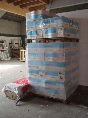 a stack of boxes sitting on top of a pallet in a warehouse