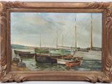 a painting of boats docked on the water by the shore