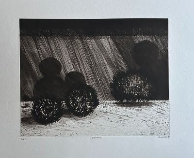 a black and white drawing of three hedgehogs in the snow