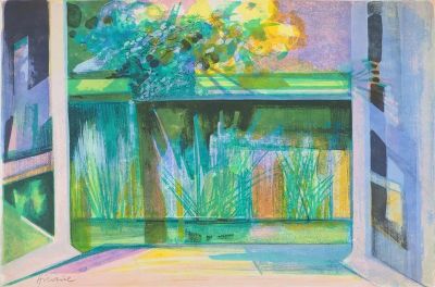 un tableau représentant un vase de fleurs devant une fenêtre ouverte