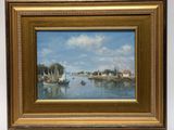 an oil painting of boats in a harbor on a sunny day
