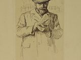 drawing of a man in a hat and coat holding a cat