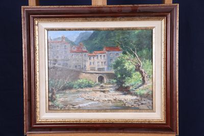 une peinture à l'huile représentant un pont sur une rivière avec un bâtiment à l'arrière-plan