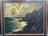 an oil painting of a rocky coast with a sailboat in the distance