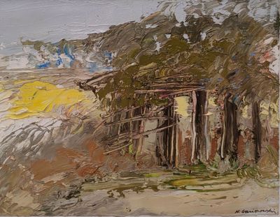 une peinture à l'huile représentant une cabane sur une plage avec un parasol jaune